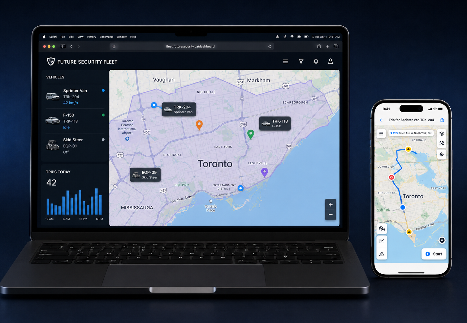 Fleet management platform shown on MacBook and iPhone